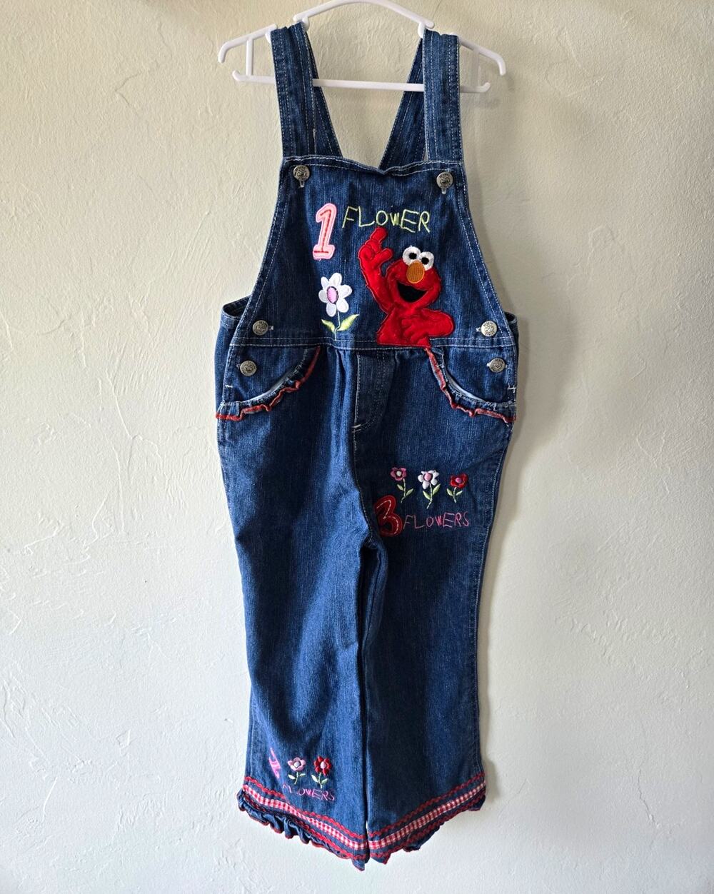 Vintage Y2K Sesame Street Elmo Flower Denim Overalls Girls 4T Embroidered 2007